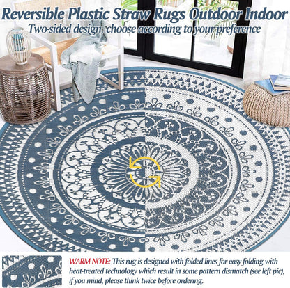 Cekene Extra Grote Outdoor Tapijt Ronde 300Cm Blauw Waterdicht Omkeerbaar Tuin Tapijt Plastic Gemakkelijk Schoon Gebied Vloermat Voor Buiten Patio Tuin RV Trailer Achtertuin Dek Picknick