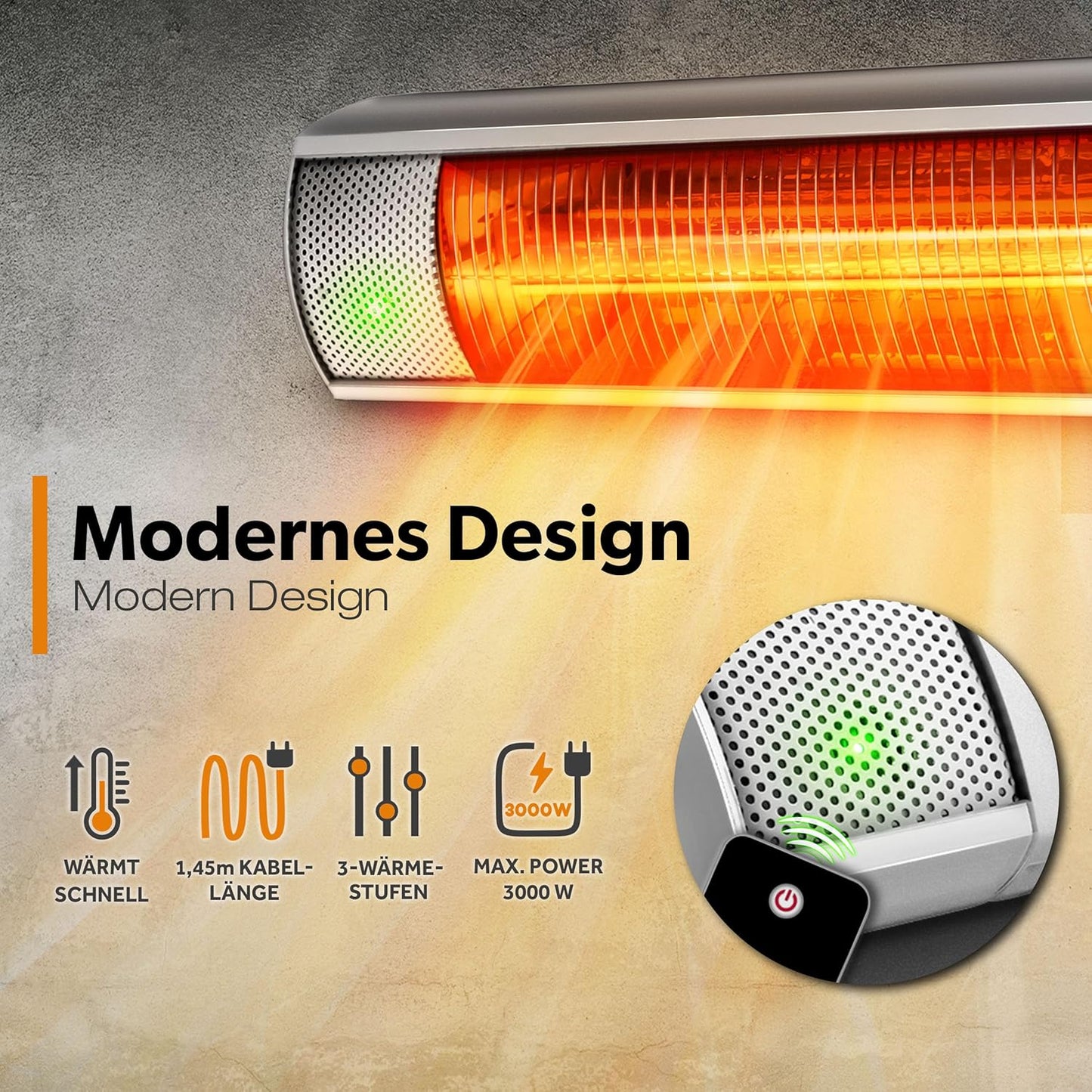 TRESKO infrarood verwarming, 3000 W, met afstandsbediening, elektrisch, voor op het terras, met 3 warmtestanden, terrasverwarming voor binnen en buiten, infrarode wandverwarming, verwarming voor de
