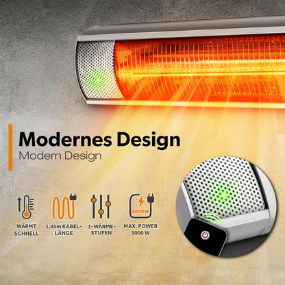 TRESKO infrarood verwarming, 3000 W, met afstandsbediening, elektrisch, voor op het terras, met 3 warmtestanden, terrasverwarming voor binnen en buiten, infrarode wandverwarming, verwarming voor de
