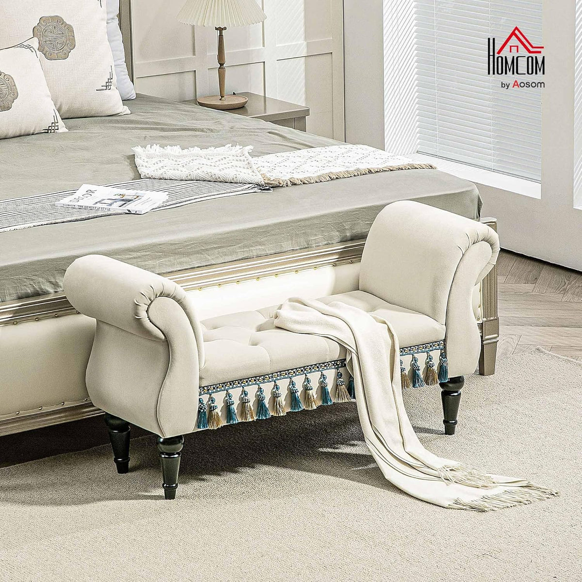 Gestoffeerde Bank – Sofa – Zitbank – Schoenenbank – Bedbank – Fluwelen Bekleding – Stevig Rubberhouten Frame – Beige – 117x40x58 cm