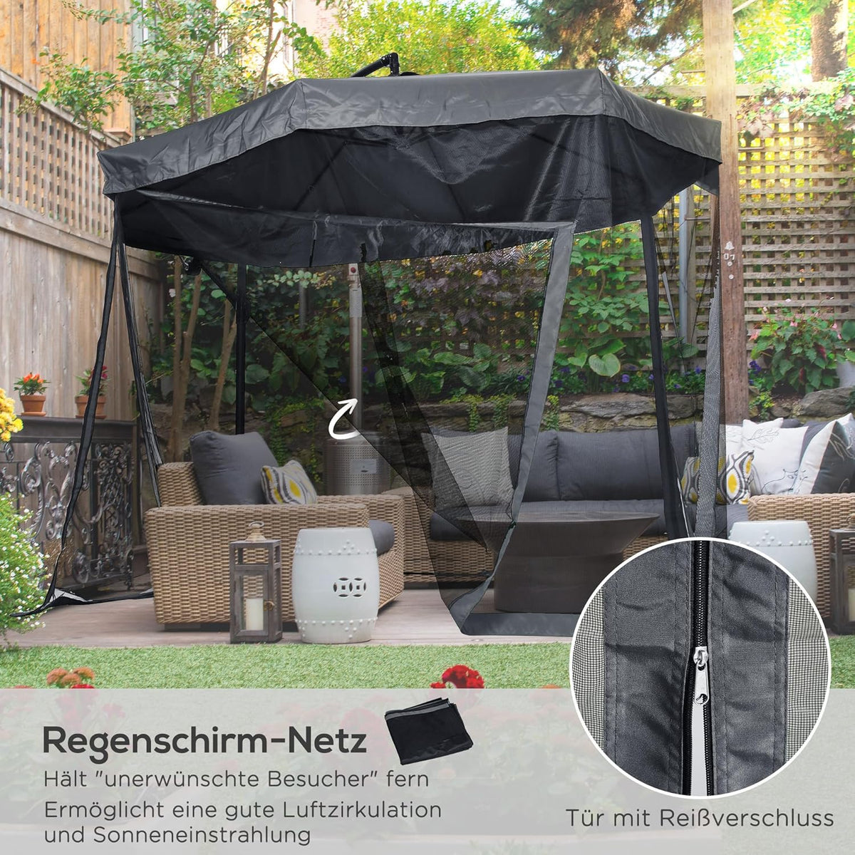 Outsunny Ampelschirm, 295 x 295 cm Sonnenschirm mit Handkurbel und Moskitonetz, 360° Drehbarer Gartenschirm für 8 Persons, Marktschirm für Balcony, Stahl, Polyester Dunkelgrau, Dunkelgrau - QUORE