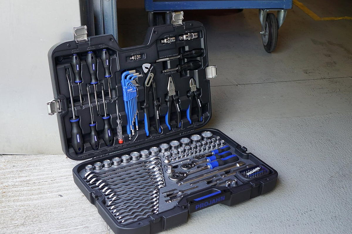 Projahn 39048201 industriële gereedschapskoffer, universeel, metrisch, 122-delig, uitgebreide assortiment, overzichtelijke indeling, premium look, ergonomisch kofferdesign