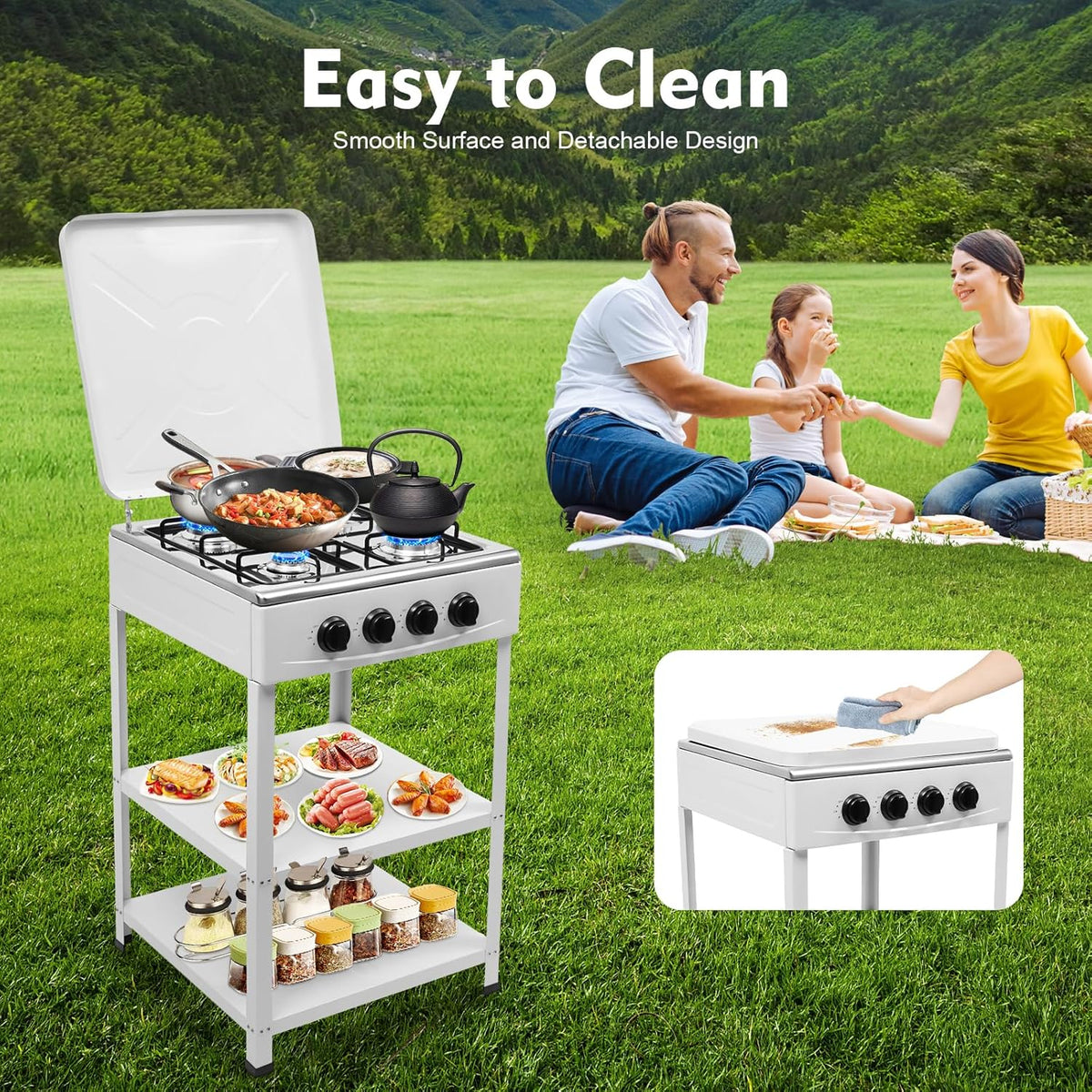 OUKANING 4-Flame Gas Stove Freestanding, Portable Outdoor / Indoor Gas Hob with Wind Protection and Dust Protection, Manual Flammable (Lpg/Ng), Non-Slip Feet and Heat Dissipation (White) - QUORE