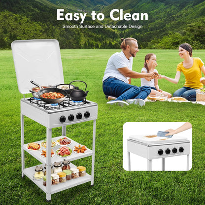 OUKANING 4-Flame Gas Stove Freestanding, Portable Outdoor / Indoor Gas Hob with Wind Protection and Dust Protection, Manual Flammable (Lpg/Ng), Non-Slip Feet and Heat Dissipation (White) - QUORE