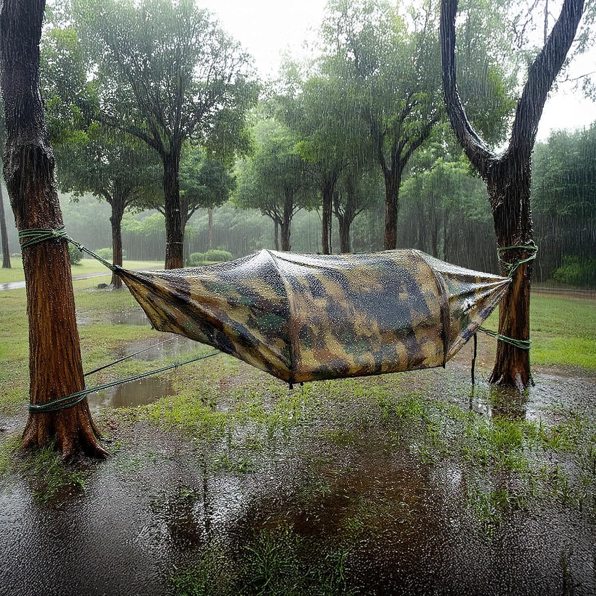 Night Cat Lay Flat Hammock: Flat Bottom with Mosquito Net Waterproof Rain Fly for 1 Person Camping in Garden Backyard Wild (Green)