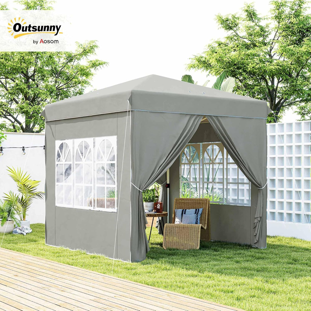 Outsunny Pavillon 2,5x2,5m, wasserabweisend Stabil Winterfest Pop-up Faltpavillon, UV Schutz 50+, Faltbar Partyzelt Gartenzelt mit 4 Seitenteilen Tasche Gartenpavillon für Camping Garten, Hellgrau - QUORE