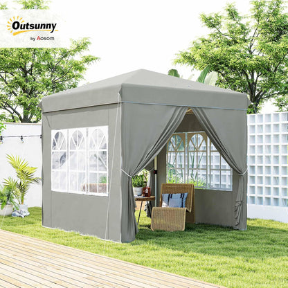 Outsunny Pavillon 2,5x2,5m, wasserabweisend Stabil Winterfest Pop-up Faltpavillon, UV Schutz 50+, Faltbar Partyzelt Gartenzelt mit 4 Seitenteilen Tasche Gartenpavillon für Camping Garten, Hellgrau - QUORE