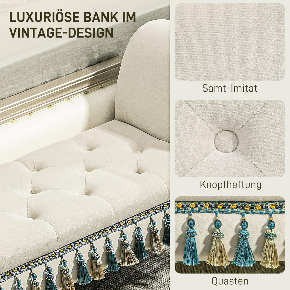 Gestoffeerde Bank – Sofa – Zitbank – Schoenenbank – Bedbank – Fluwelen Bekleding – Stevig Rubberhouten Frame – Beige – 117x40x58 cm