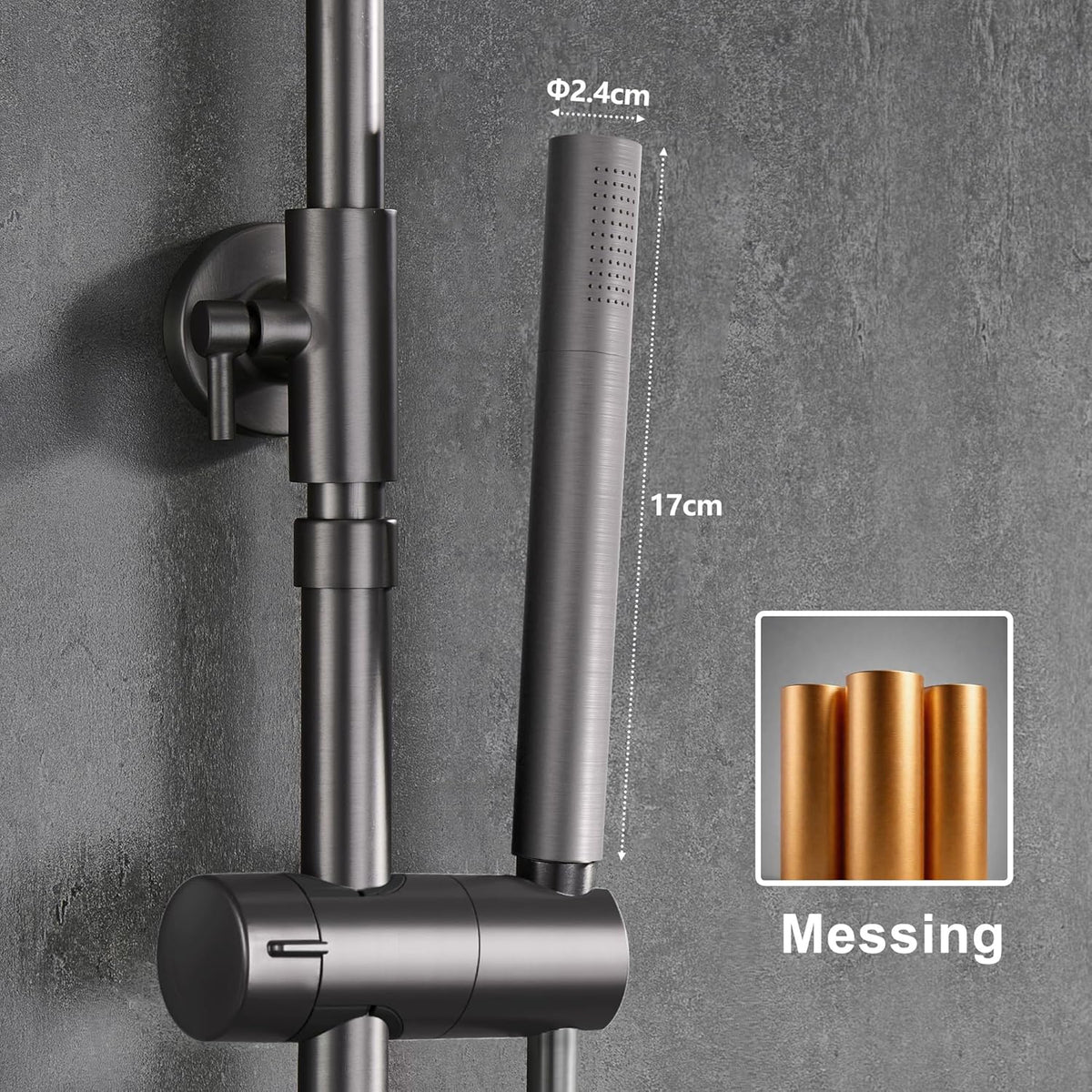 Görbach Thermostaat douchesysteem met douchearmatuur, complete set, regendouche, doucheset met roestvrijstalen douchestang, douchekop rond, diameter 25 cm, grijs