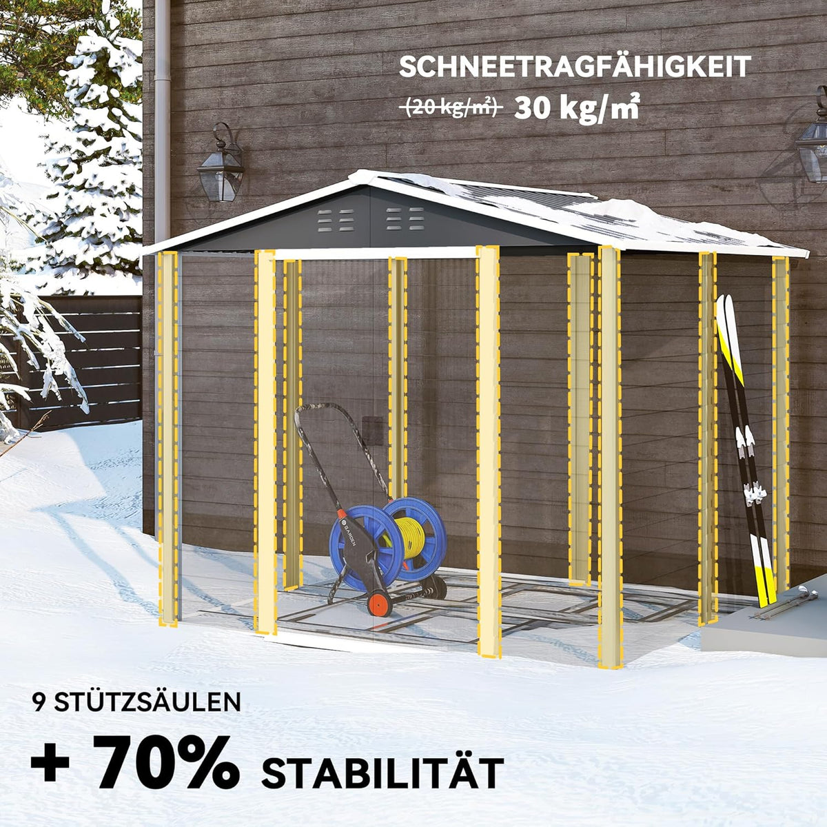 Outsunny Garden Shed 4.4 m2, Garden Shed with Saddle Roof, Sliding Door, Foundation, Easy Assembly, 240 x 206 x 198 cm, Garden Shed Made of Galvanized Steel, Weatherproof, for Garden, Dark Grey - QUORE