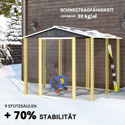 Outsunny Garden Shed 4.4 m2, Garden Shed with Saddle Roof, Sliding Door, Foundation, Easy Assembly, 240 x 206 x 198 cm, Garden Shed Made of Galvanized Steel, Weatherproof, for Garden, Dark Grey - QUORE
