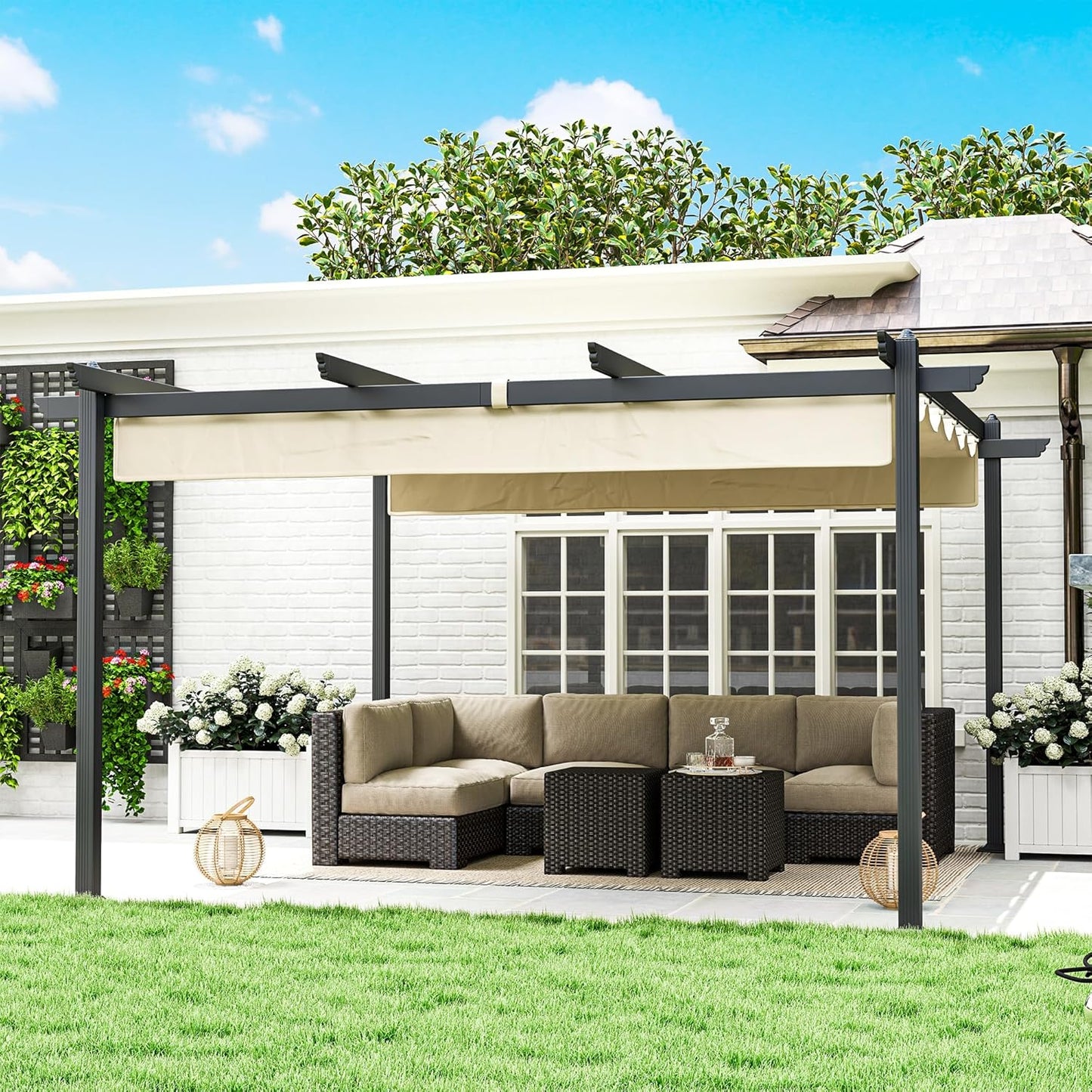 Aluminium Pergola – Tuinpaviljoen – Terrasoverkapping – Schaduwdoek – Buitenluifel – Inschuifbaar Dak – 390x390x223 cm – Roestvrijstalen 80mm Kolommen