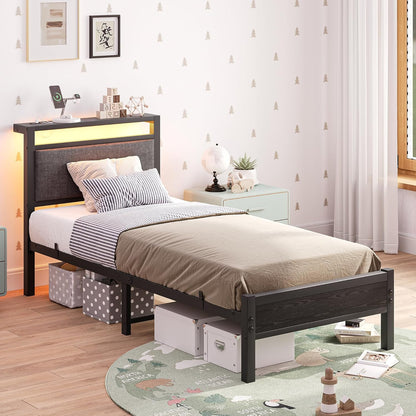 Gestoffeerd bedframe 90 x 200 cm, bedframe met led en laadstation, metalen bed met hoofdeinde, modern logeerbed, tienerbed, metalen eenpersoonsbed met lattenbodem, voor slaapkamer, zwart