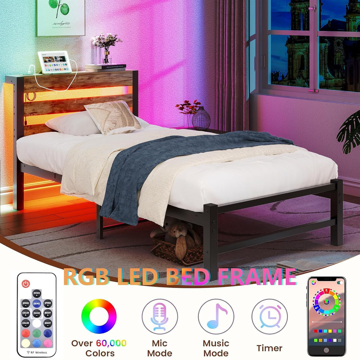HOMERECOMMEND 3ft eenpersoonsbedframe met USB-laadstation, LED-bedframe met houten opberghoofdeinde, metalen platformbedframe enkele maat, geen boxspring nodig, ondersteuning voor sterke latten