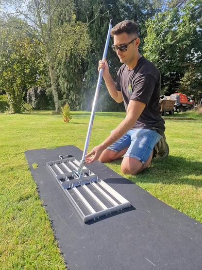 British Manufacturing Solutions 46" wide Stainless Steel Levelawn Lute: Premium leveling rake for top dressing, sowing, sowing/sand. Luxury full-length heavy-duty aluminum handle. (46" wide) - QUORE