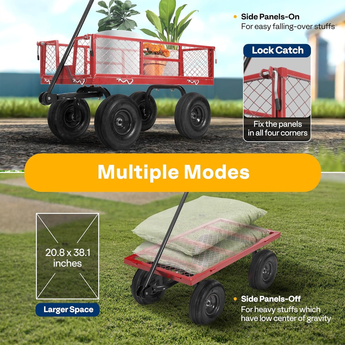 VIVOHOME Heavy Duty 400kg Capaciteit Mesh Stalen Tuinwagen Vouwwagen met Verwijderbare Zijden Wielen (Rood)