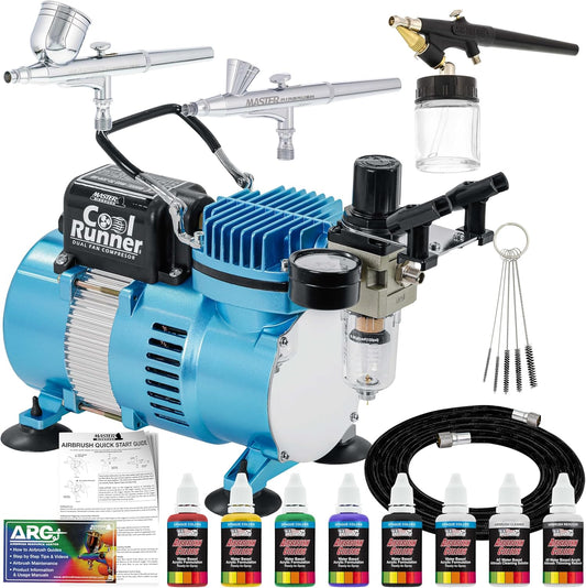 3 Airbrush Kit met 6 US Art Supply Primaire Airbrush Kleuren en Master Airbrush TC20 Pro Airbrush Compressor - Luchtfilter/Regelaar - Airbrush Houder - 2 Gravity Feed Dual Action Master Airbrushes en