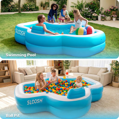 SLOOSH Opblaasbaar zwembad voor gezinnen met stoelen, 120" x 101" x 26" Full-Sized Blow Up Duurzaam verdikt bovengronds zwembad met rugleuning bekerhouders, zwembaden voor achtertuin zomer watergazon