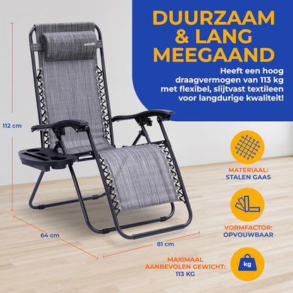 Serenelife Ligstoel, Set van 2 Ligstoelen - Verstelbare Tuinligstoelen met Zijtafel, Bekerhouders, Afneembare Kussens - Opvouwbare en Draagbare Loungestoelen voor Terras, Tuin, Strand - Grijs