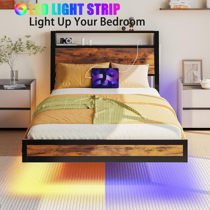 Zwevend bedframe met laadstation en ledverlichting, houten hoofdeinde met opbergplanken, robuuste metalen latten, geen boxspring nodig, geluidsvrij, eenvoudige montage, zwart