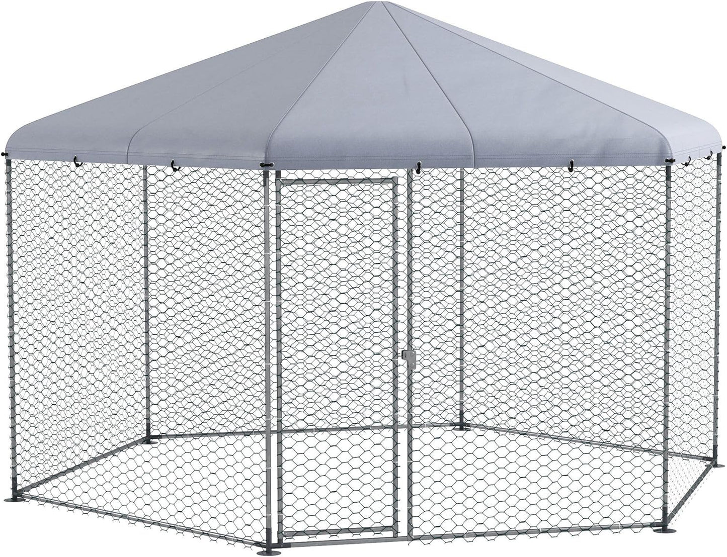 PawHut Hühnerstall 400 x 346 x 263 cm Freilaufgehege aus Stahl, Hühnerkäfig mit Abdeckung, Tür, Hühnergehege für 10-15 Hühner, Kleintiere, Grau - QUORE