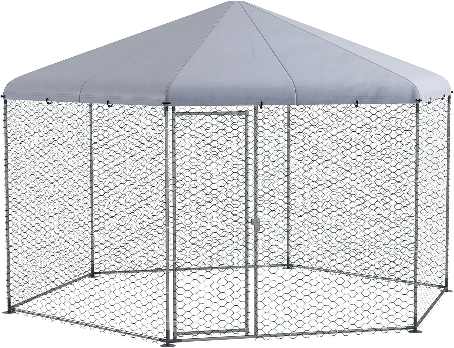 PawHut Hühnerstall 400 x 346 x 263 cm Freilaufgehege aus Stahl, Hühnerkäfig mit Abdeckung, Tür, Hühnergehege für 10-15 Hühner, Kleintiere, Grau - QUORE