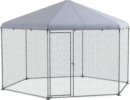 PawHut Hühnerstall 400 x 346 x 263 cm Freilaufgehege aus Stahl, Hühnerkäfig mit Abdeckung, Tür, Hühnergehege für 10-15 Hühner, Kleintiere, Grau - QUORE