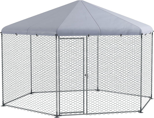PawHut Hühnerstall 400 x 346 x 263 cm Freilaufgehege aus Stahl, Hühnerkäfig mit Abdeckung, Tür, Hühnergehege für 10-15 Hühner, Kleintiere, Grau - QUORE
