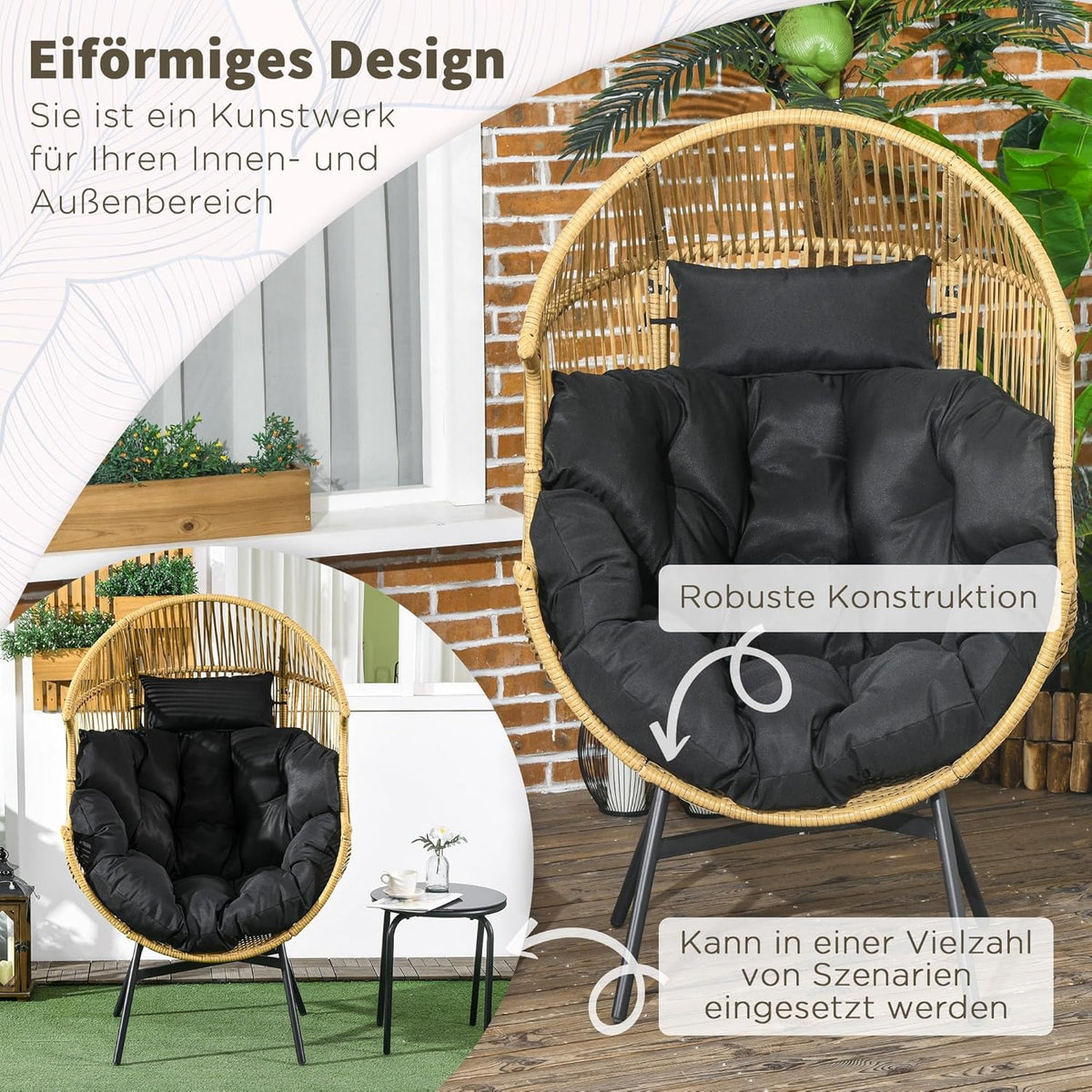 Outsunny Rattan Chair Rattan Wicker Chair with Thick Seat Cushion Egg Garden Chair 120 kg Load Capacity for Patio, Garden, Sand - QUORE