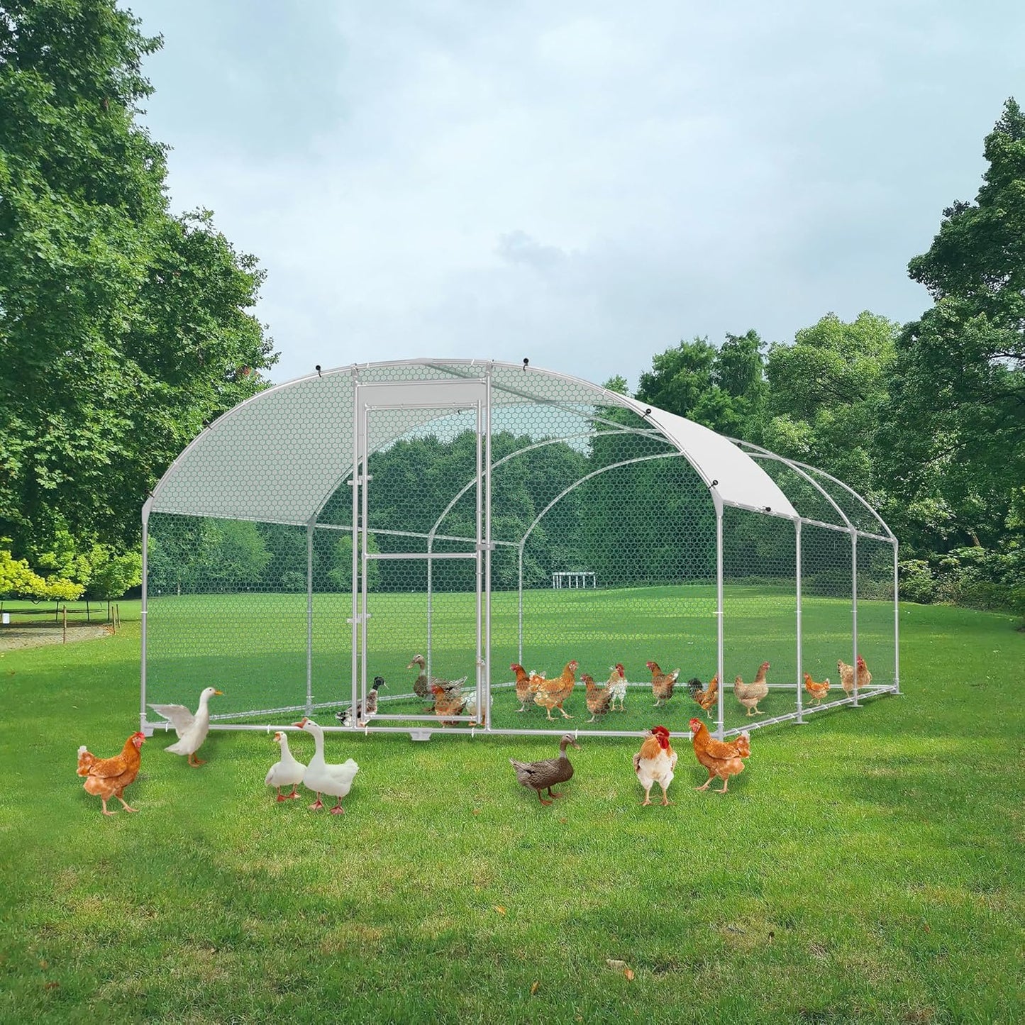 Chicken Coop 3 x 6 m Galvanized Steel with Arch Sun Protection Roof Door and Lock Stable - QUORE