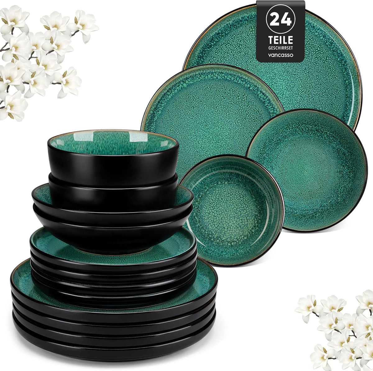 vancasso 24-delig eetservies, keramische borden en schalen set voor 6, mediterrane stijl diner sets in levendig groen, Playa serie eetservies set voor 6