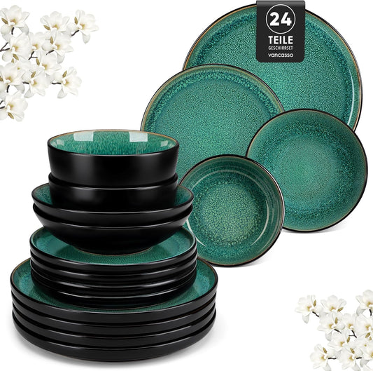 vancasso 24-delig eetservies, keramische borden en schalen set voor 6, mediterrane stijl diner sets in levendig groen, Playa serie eetservies set voor 6