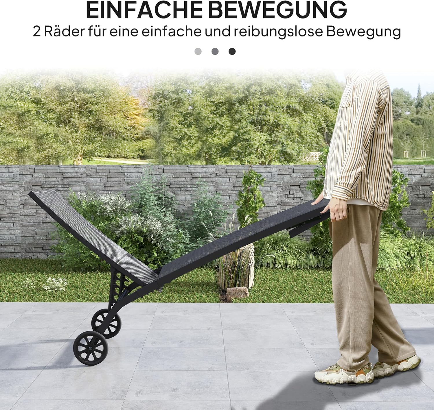 Outsunny Sonnenliege mit Rolle, Gartenliege Alu Liegestuhl mit 5-Fach verstellbare Rückenlehne, wetterfeste Campingliege, Gartenstuhl bis 150 kg load bar, für Garten Urlaub Strand Pool, Schwarz - QUORE