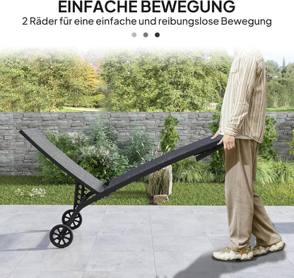 Outsunny Sonnenliege mit Rolle, Gartenliege Alu Liegestuhl mit 5-Fach verstellbare Rückenlehne, wetterfeste Campingliege, Gartenstuhl bis 150 kg load bar, für Garten Urlaub Strand Pool, Schwarz - QUORE