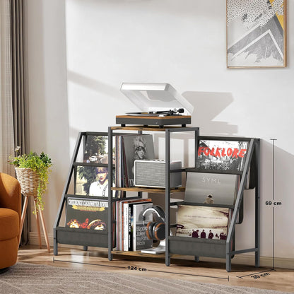 Bikoney Platenkast met Opbergruimte voor Platenspeler – Tafelkast voor Draaitafel met Display, Geschikt voor 280 LP's, Media Console met CD Rek voor Vinyl, Stereo & Draaitafel