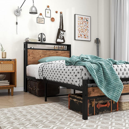 Eenpersoonsbedframe van massief metaal, met houten hoofdeinde, sterk ijzer, platformbedframe, eenpersoonsbed, geen boxspringbed nodig, matrasfundering, opslag onder het bed