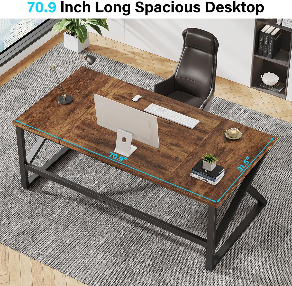 IBF Bureau in bruin-bruine kleur met een lengte van 70 inch, industrieel groot dubbel bureau van metaal en hout voor computer, lange bureautafel voor thuis 180 cm