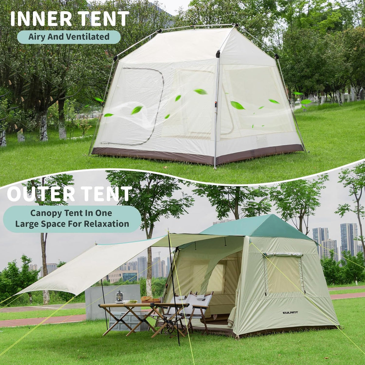 EULANT Campingtent voor 2-4 personen, ideaal voor outdoor/tuin/vissen/festivals, mooie luxe tent met buitentent en extra afdekking, waterdicht 3000 mm