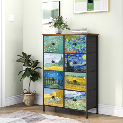 VEDECASA Smalle commode voor slaapkamer, hoge commode met 8 laden, Van Gogh lade-eenheid voor kinderkamer, woonkamer, hal, slaapkamer, kantoor, metalen frame, houten plaat, commode