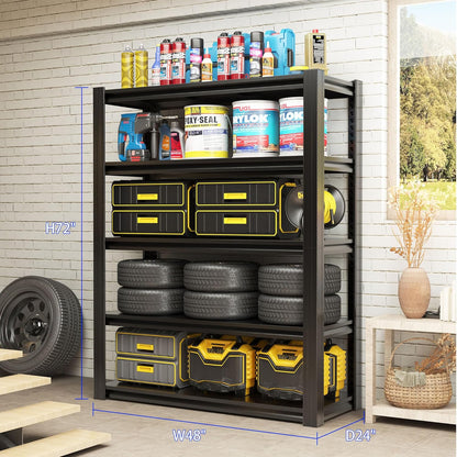 72" H Metalen Opslagplanken, 3000 LBS Heavy Duty Planken, Verstelbaar 5-laags opbergrek, Industriële Utility Plank voor Garage, Magazijn, Slaapkamer, Keuken, 24" D×48" B × 72" H, Zwart