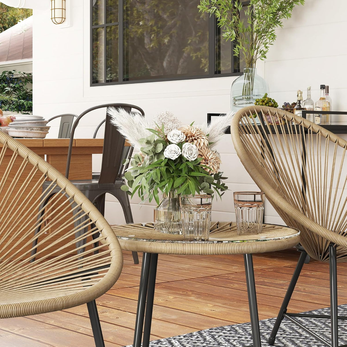 Outsunny Polyrattan Gartenmöbel Set, Outdoor Lounge Balcony for 2 Persons, 3-teilig Sitzgruppe mit 2 Stühle, Tisch, wetterfest Gartenlounge für Garten, Terrasse Balcony, Naturholz - QUORE