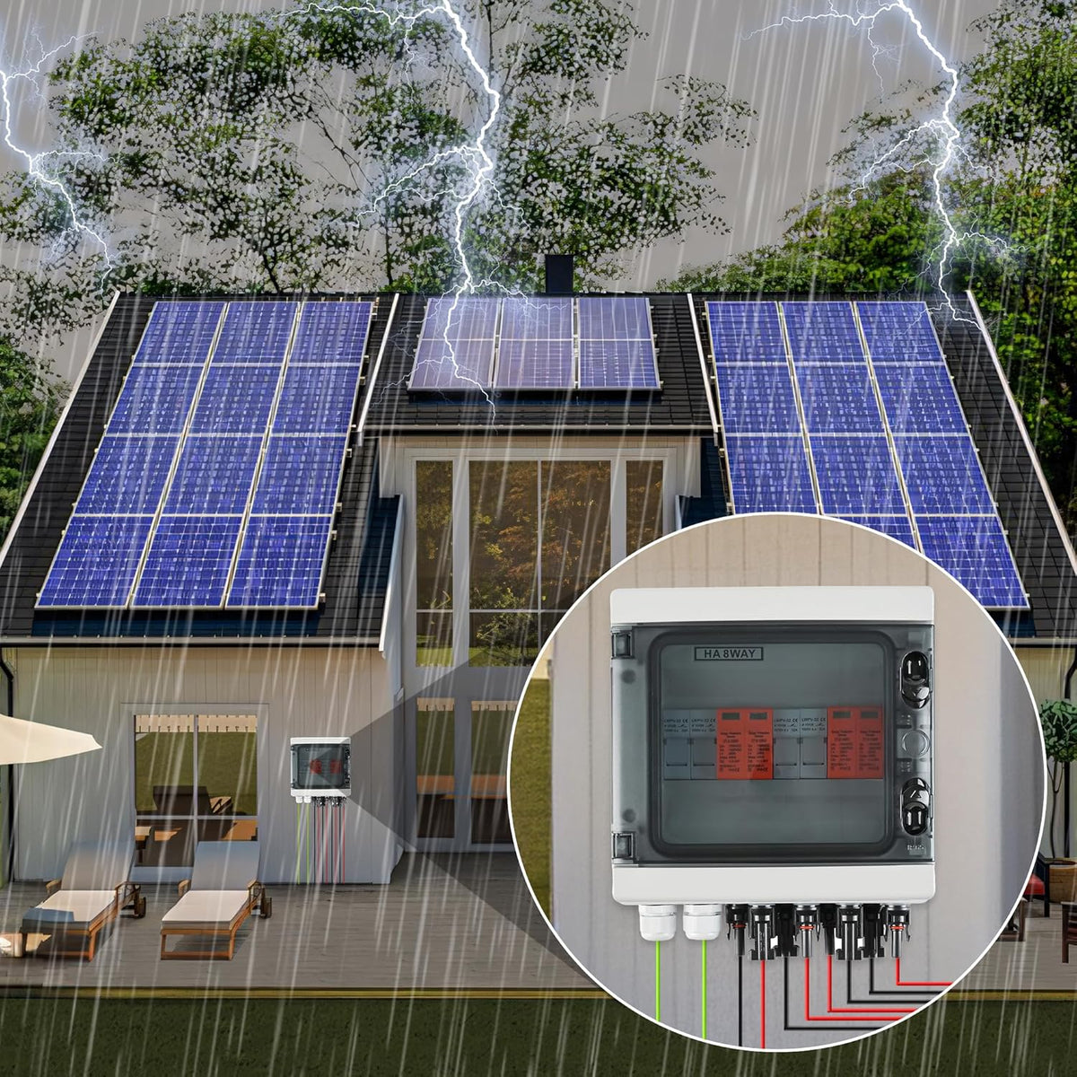 Overspanningsbeveiliging PV DC1000V bliksembeveiliging PV installatie 20-40 KA, overspanningsbeveiliging op zonne-energie, 2 snaren, 8 modules met 16 A-zekering, IP65 waterdicht en