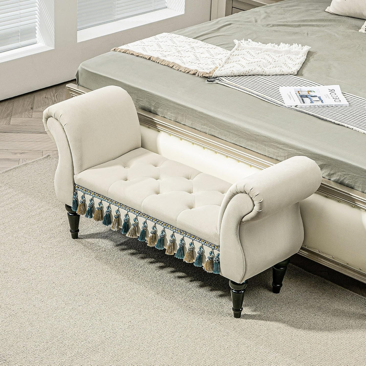 Gestoffeerde Bank – Sofa – Zitbank – Schoenenbank – Bedbank – Fluwelen Bekleding – Stevig Rubberhouten Frame – Beige – 117x40x58 cm