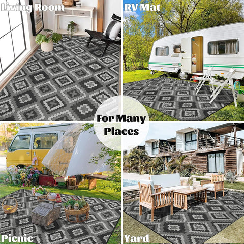 Buiten Vloerkleed - Buitenkleden - Buitentapijt - Opvouwbaar - UV-bestendig - Waterdicht - Buitenmatten - voor Buiten - Balkon - Strand - Picknick -Terras - Rechthoekig - 240 x 300 cm - Zwart/Grijs