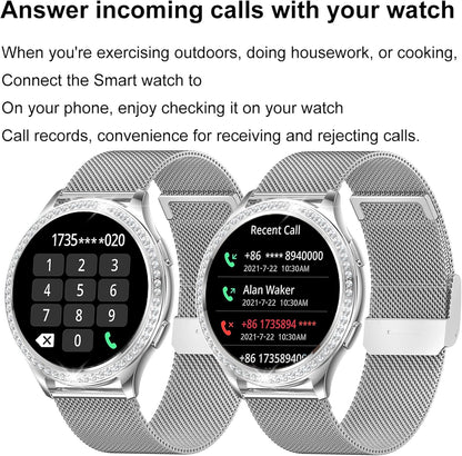 Smartwatch Dames met Bluetooth Bellen, 1.32'' Smartwatch met Diamant, IP68 Waterdicht Smart Watch, 123 Sportmodi, Muziekspeler, Hartslagmonitor, SpO2, Smartwatches voor Android iOS (Zilver)