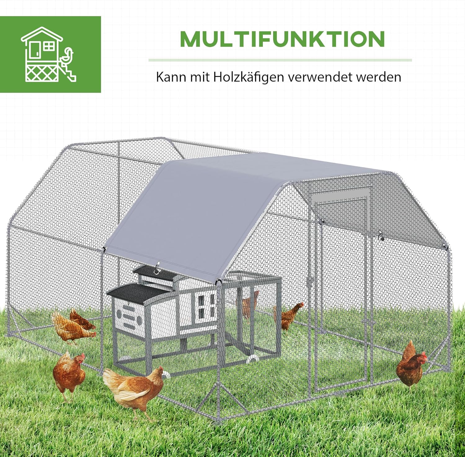 PawHut Chicken Coop with Run, 280 x 380 x 195 cm Chicken Cage with Door, Chicken Coop with Water Resistant Sunroof, Poultry House for 10-12 Chickens, Oxford, Silver - QUORE