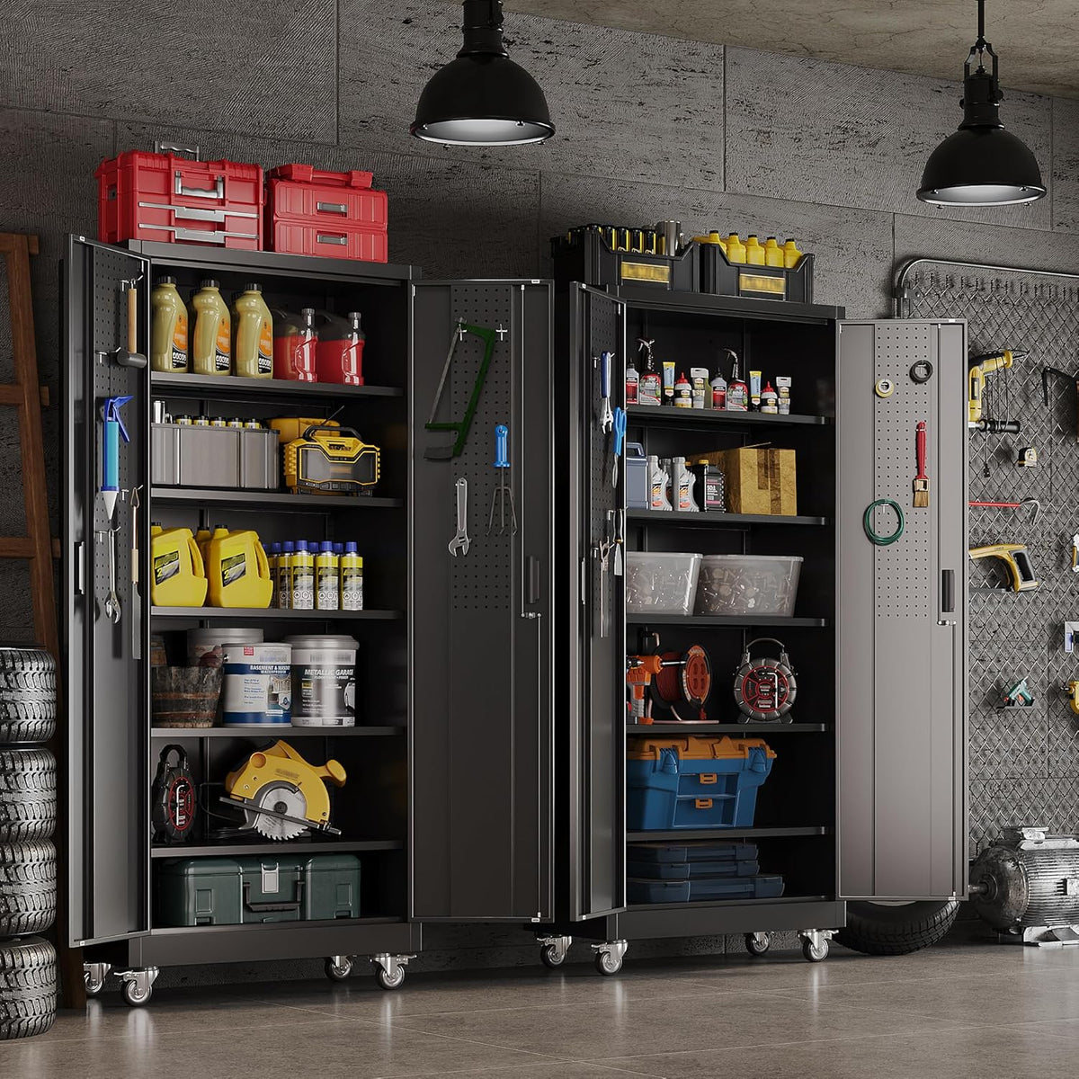 Metalen kast met pegboard en afsluitbare wielen, 5 in hoogte verstelbare planken, plaatstaal poedercoating, stalen kast afsluitbaar voor gereedschap, garage 180 x 80 x 40 cm (zwart)