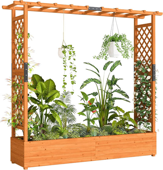 Outsunny Raised Bed with Railing Grid & Hanging Roof, Wooden Flower Box with Rank Support and Drain Holes, Planter for Climbing Plants & Hanging Baskets, Garden Box for Balcony 196 x 44 x 181cm - QUORE