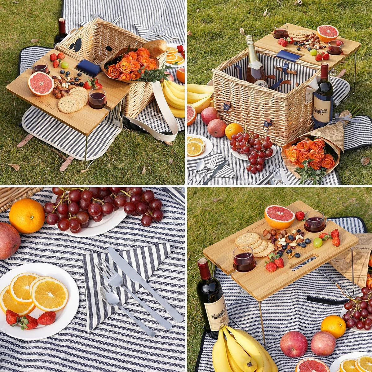 Wicker Willow Hamper Picknickmand voor 2 of 2 personen, cadeauset met bamboe wijntafel, voor camping en feestjes in de open lucht, herbruikbaar