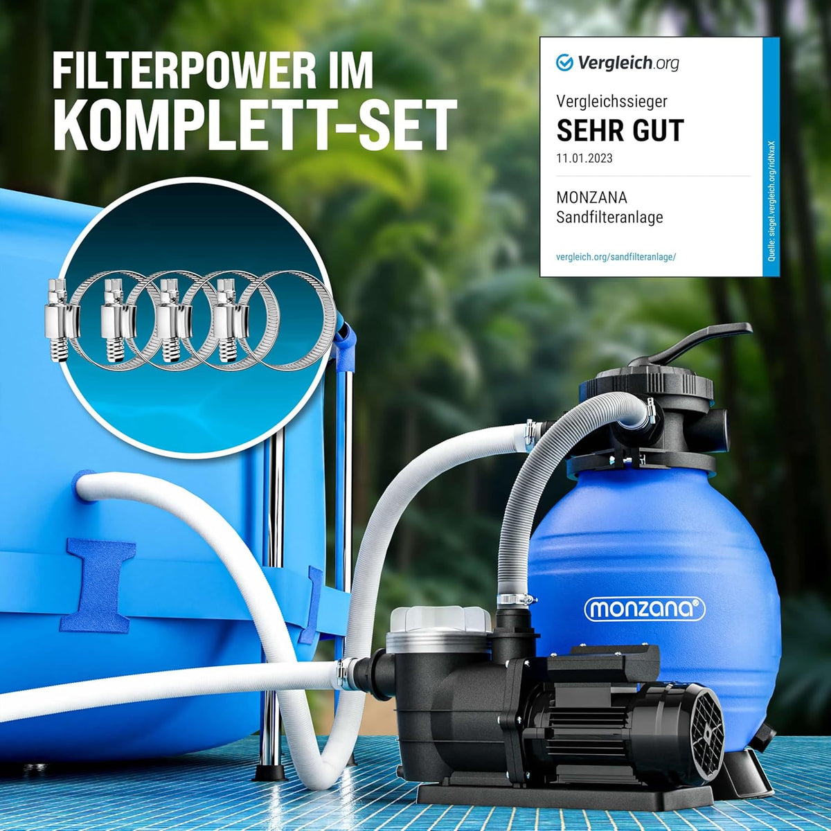 Monzana Zandfiltersysteem 9,6 m³ Voorfilter 7 Wegklep 2in1 adapter Ø32-38mm Filtersysteem Zwembad Filtertank Zandfilter